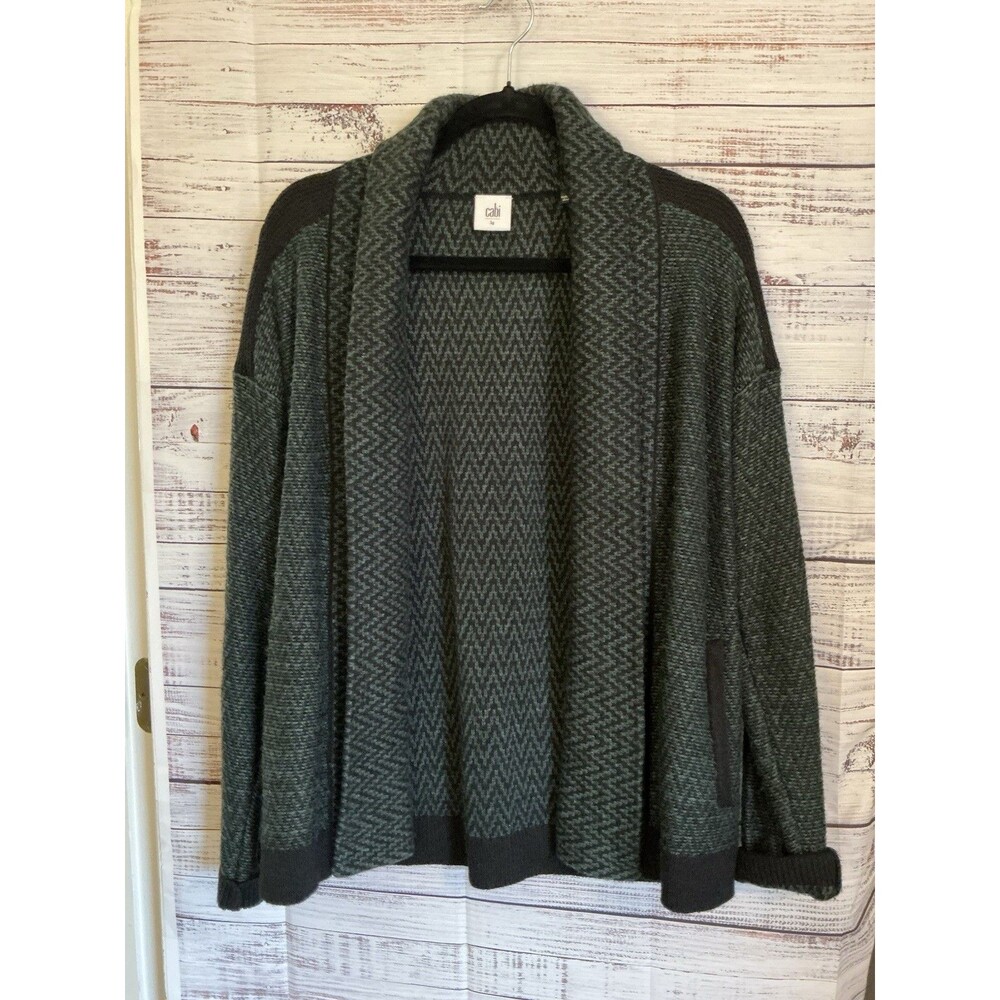 Cabi Fireside Cardigan Sweater Size Large Open Front Green Black Chevron